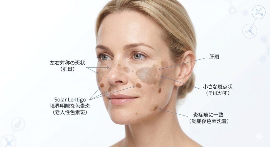 Portrait of a woman with multiple facial pigmented spots labeled in Japanese, illustrating common skin conditions like sun spots and freckles.