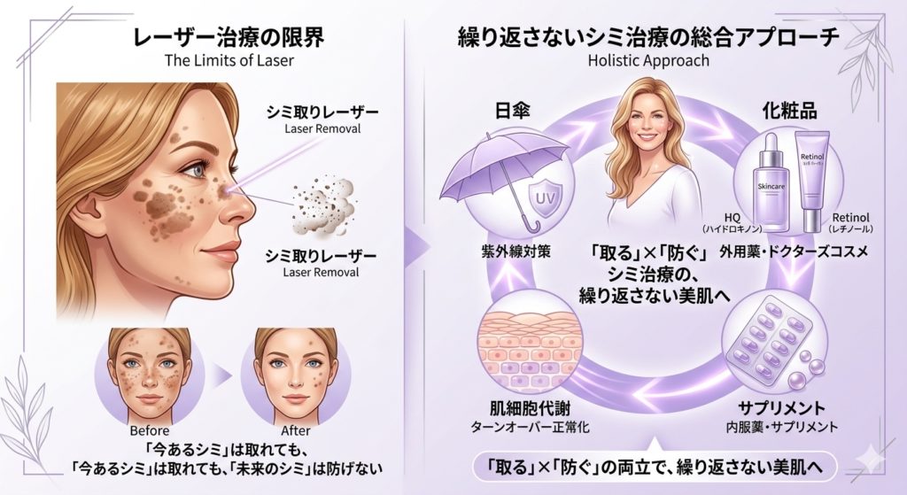 Panel 1: Side profile of a woman with dark spots being treated by a laser, showing before/after results for blemishes and laser removal steps.
