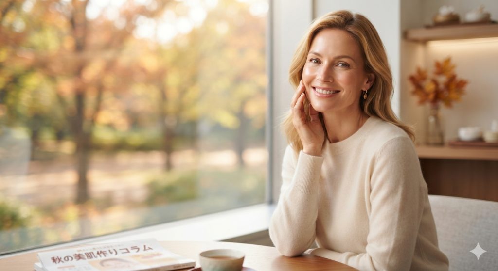 Smiling woman in a cream sweater sits at a table by a window with autumn foliage outside and a cup of coffee nearby.