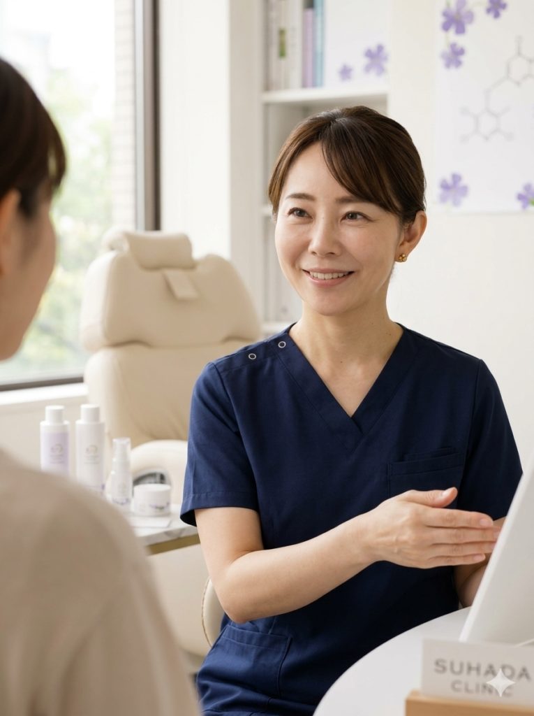 Smiling healthcare professional in navy scrubs speaks with a patient in a bright clinic, with bottles on the counter in the background.