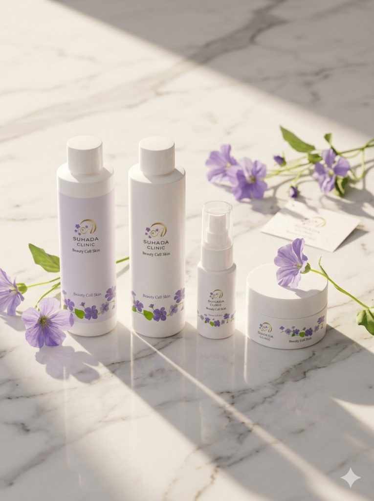 Set of white skincare bottles and a jar with purple flower accents on a marble surface, arranged with purple blossoms nearby.