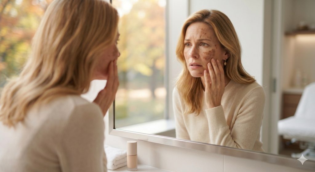 Woman with facial skin spots looking at her reflection in a bathroom mirror, touching her cheek, appears thoughtful or worried